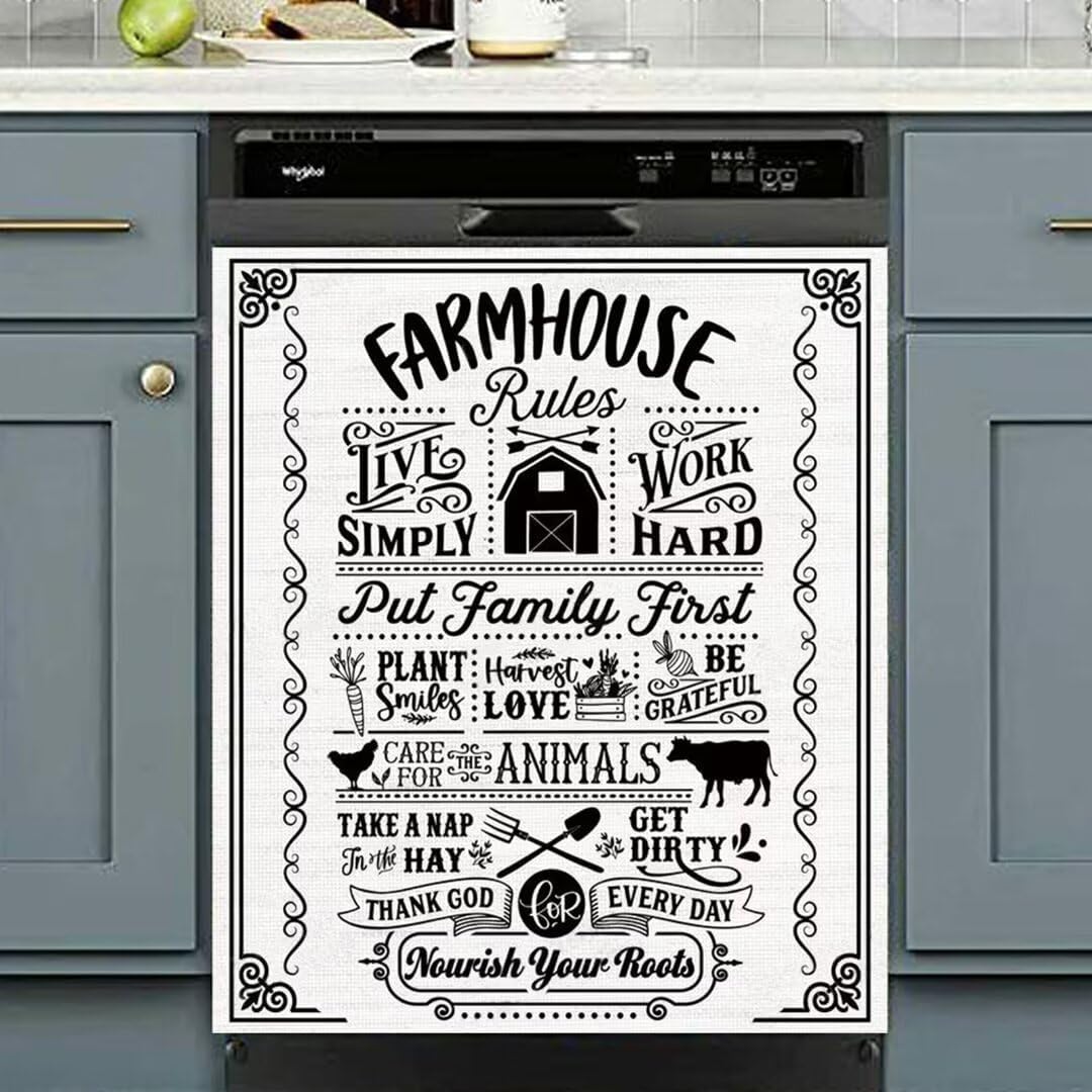 Farmhouse Rules Dishwasher Magnet Cover Country Style Fridge Panel Decal, Funny Animal Refrigerator Magnetic Sticker, Rooster Cow Kitchen Decor Home Appliance Vinyl Sticker 23Wx26H