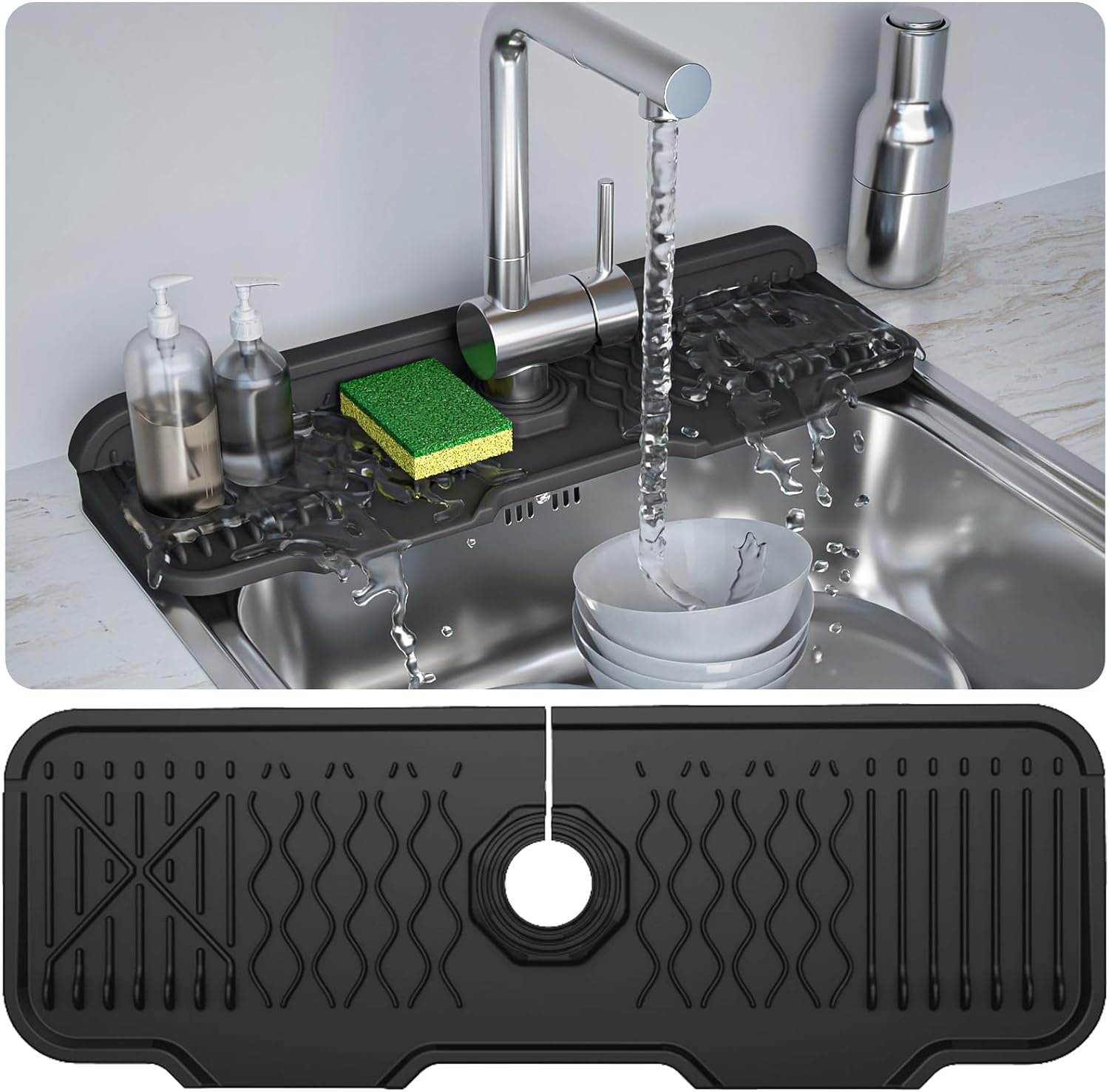 Kitchen Sink Splash Guard, Silicone Draining Mat Kitchen Faucet, 90° Foldable Design to Accommodate a Variety of Sink Countertops Black (17* 5.9)
