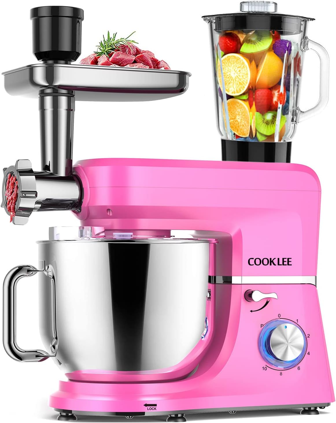 COOKLEE 6-IN-1 Stand Mixer, 8.5 Qt. Multifunctional Electric Kitchen Mixer with 9 Accessories for Most Home Cooks, SM-1507BM, Pink