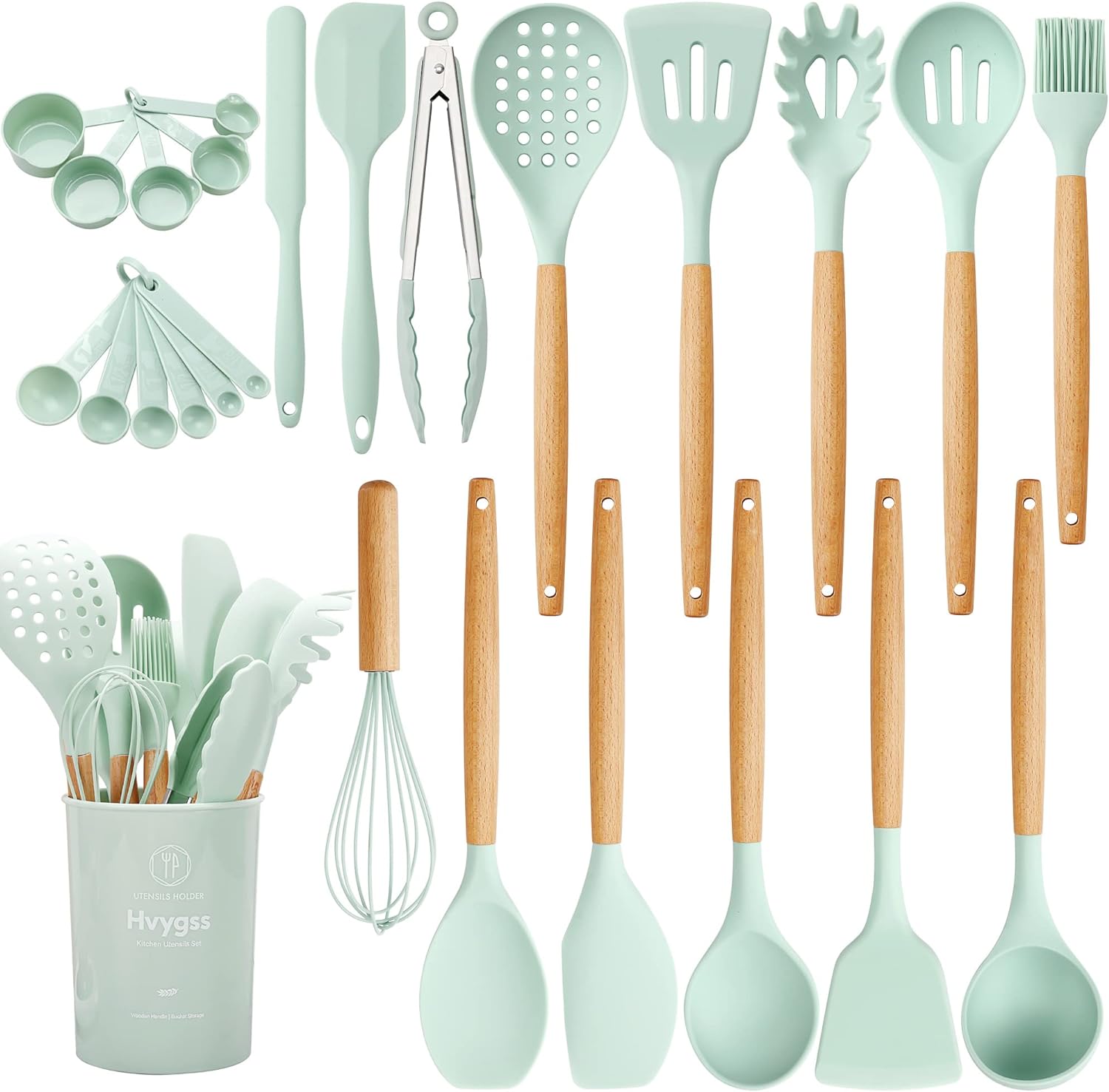 Hvygss Kitchen Utensils Set, 26 Pcs Silicone Cooking Utensils Set Wooden Handle Heat Resistant with Utensil Holder Spoons Spatulas for Nonstick Cookware for House Warming Gifts New Home (Green)