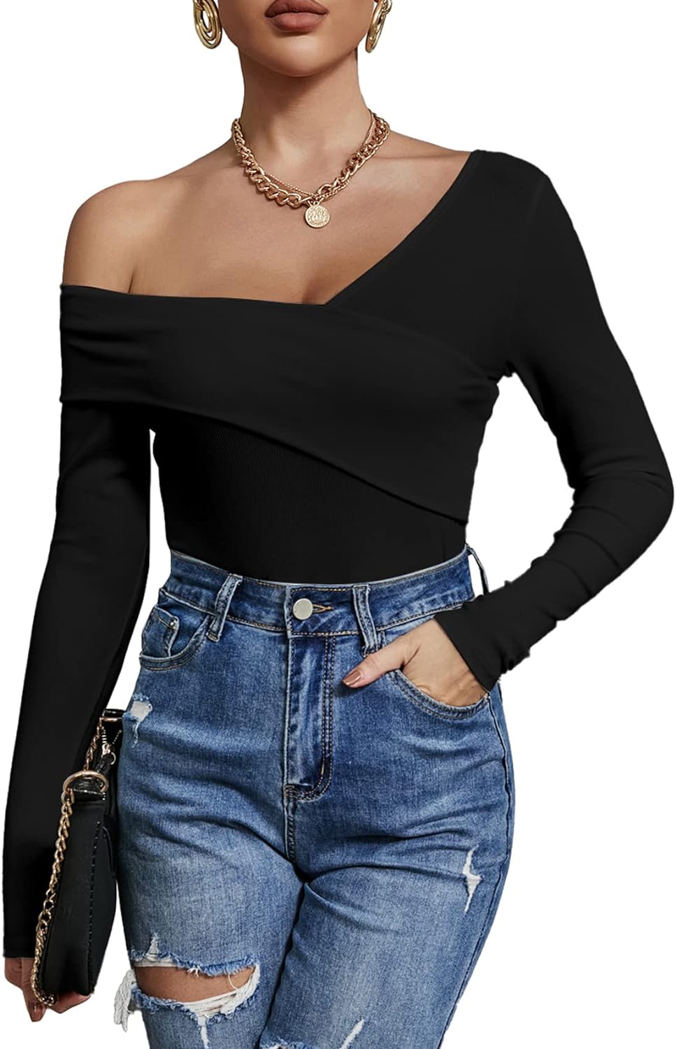 Women’s Sexy Off The Shoulder Tops Long Sleeve Cross Wrap Ribbed Knit Tee Shirt Blouse