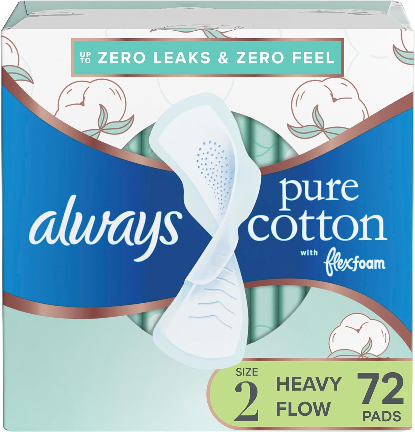 Always Pure Cotton, Feminine Pads For Women, Size 2 Heavy Flow Absorbency, Multipack, With Flexfoam, With Wings, Unscented, 24 Count x 3 Packs (72 Count total)