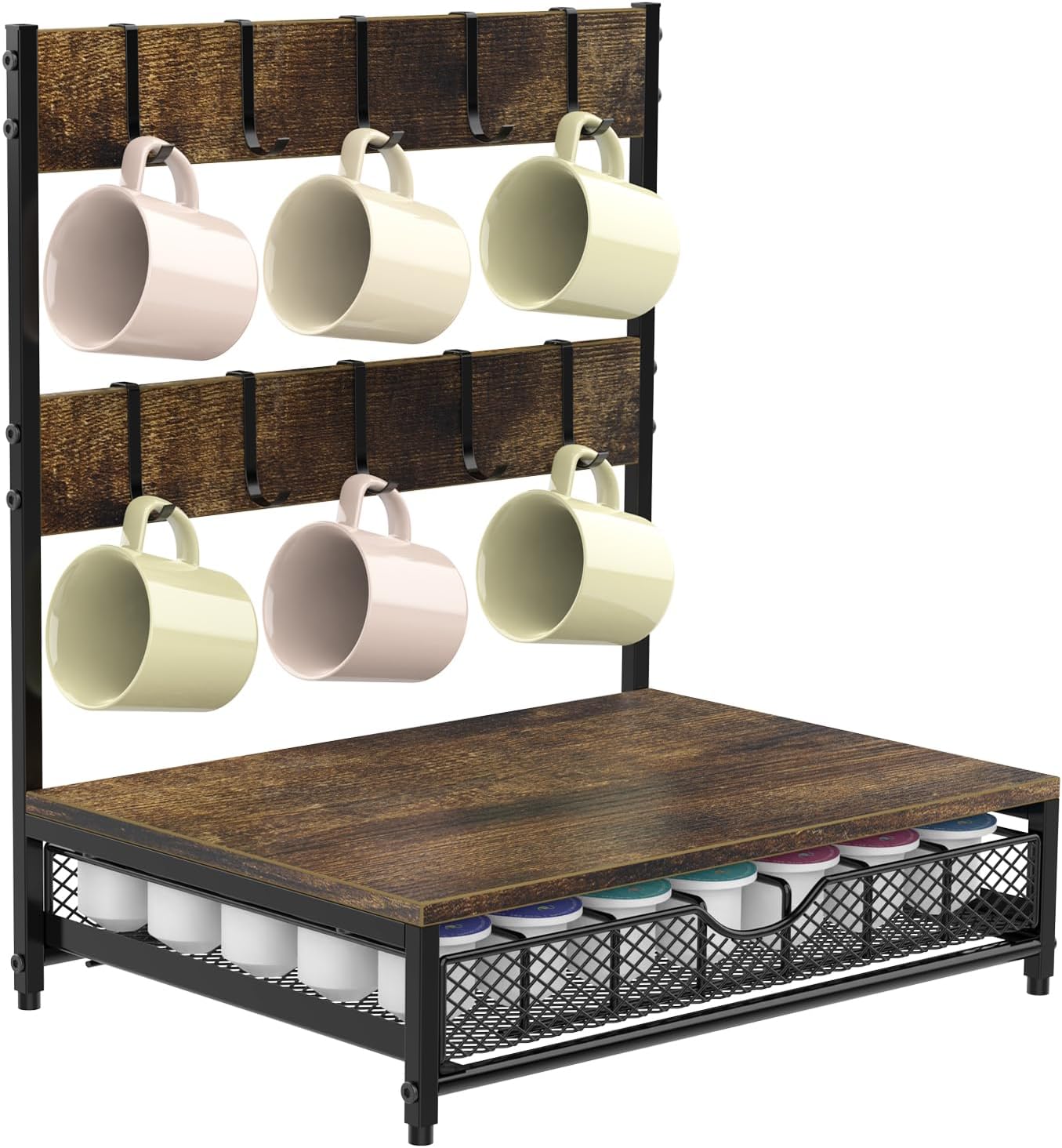 Coffee Pod Drawer Holder with Mug Hooks Coffee Pod Storage Organizer 35 Capacity Coffee Capsules Stand with Mug Holder for Counter Home Office, Rustic Brown