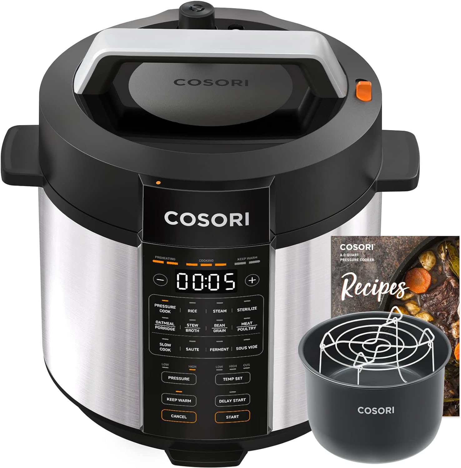 COSORI Electric Pressure Cooker 6 qt, 9-in-1 Instant Multi Cooker with Safer Venting Design, Rice Cooker, Slow Cooker, Sous Vide, Saute Pot, 1100W, Stainless Steel