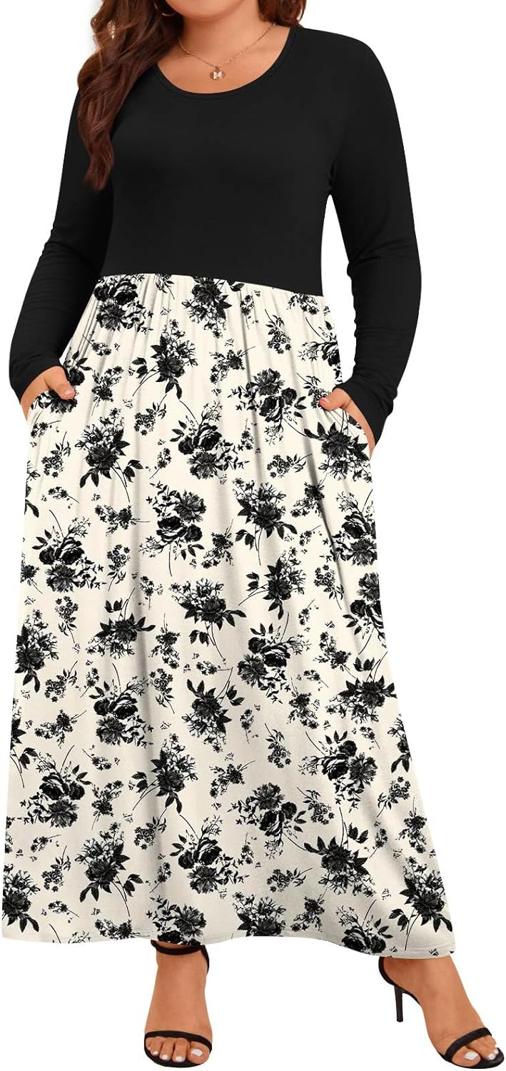 POPYOUNG Women’s Plus Size Maxi Dresses Long Sleeve Casual Fall Dress XL-5XL with Pokets