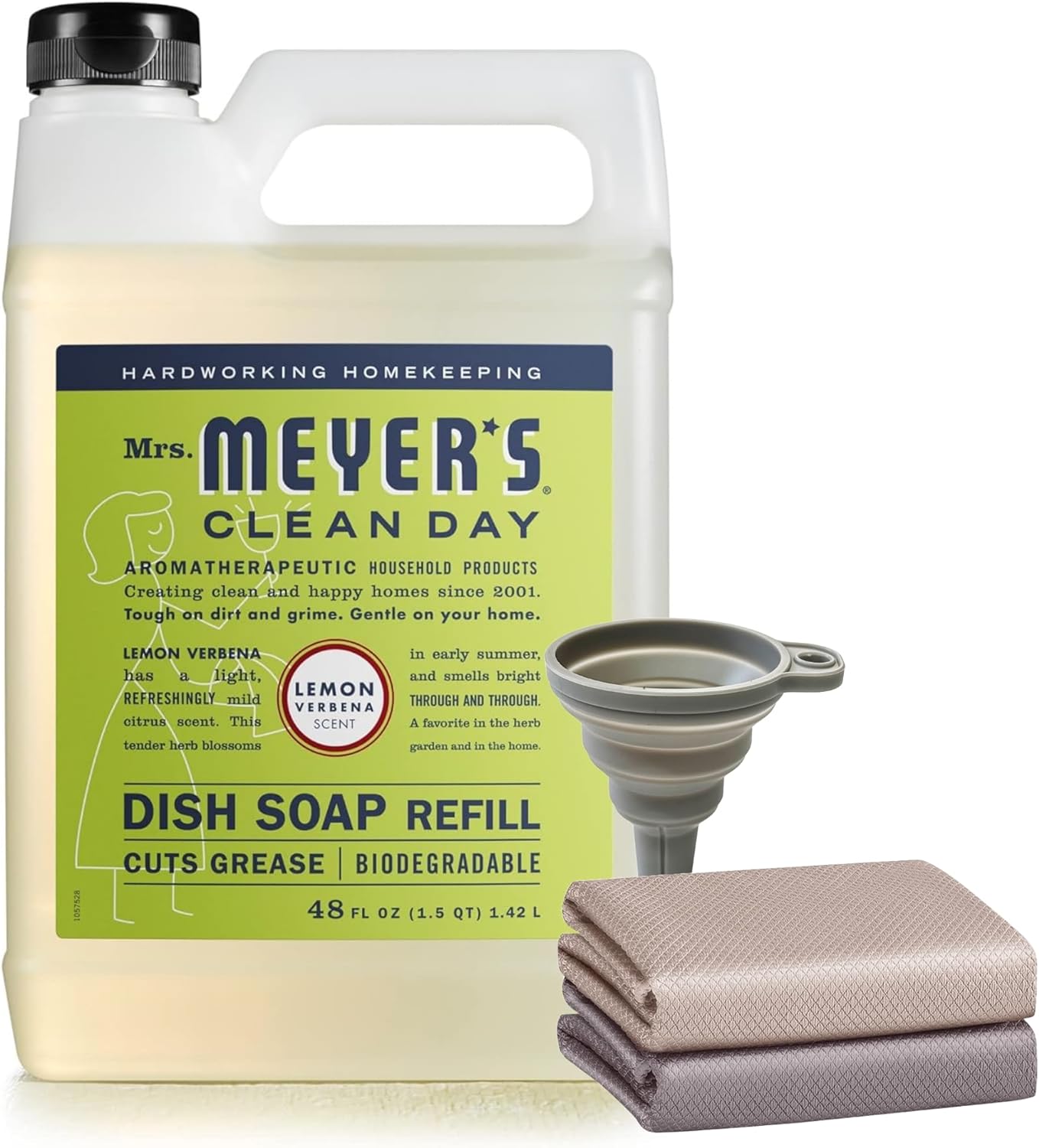 Mrs Meyers Liquid Dish Soap Refill – Lemon Verbena – 48 FL OZ. Includes (1x) Silicone Foldable Funnel (2x) Magic Cleaning Cloths – 4 Piece Set
