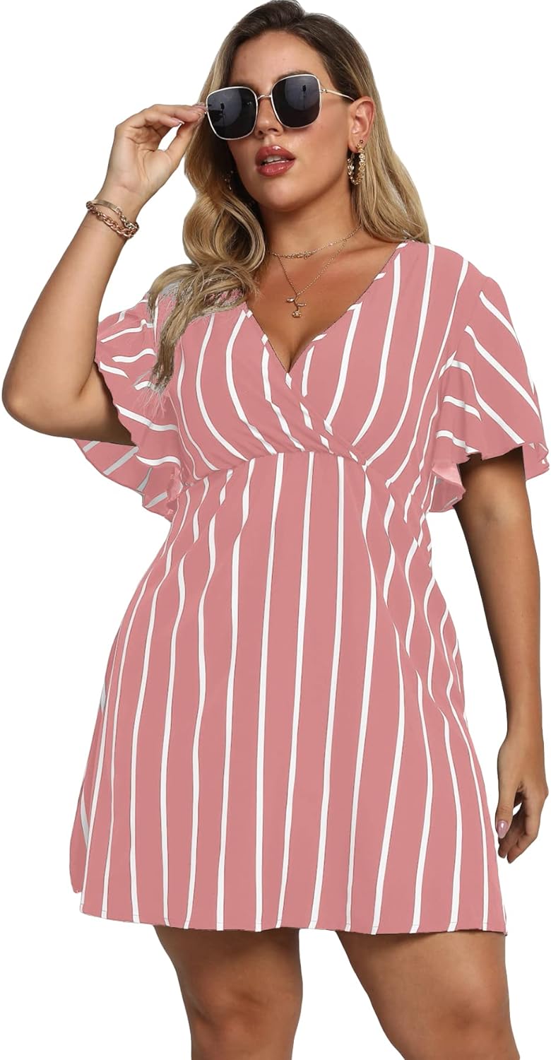 Floerns Women’s Plus Size Striped Print Wrap V Neck Short Sleeve A Line Dress