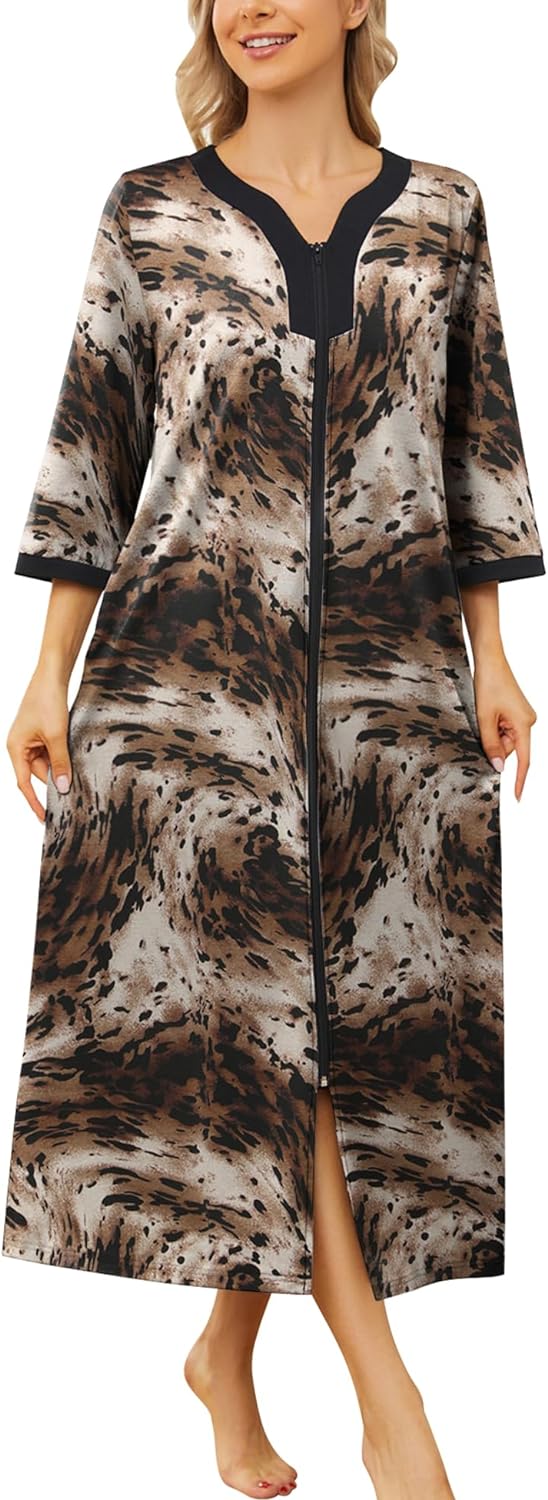 Bloggerlove House Dresses for Womens Robe Long Zip Up House Coat Half Sleeve Night Gowns Comfy Sleepwear Print Loungewear