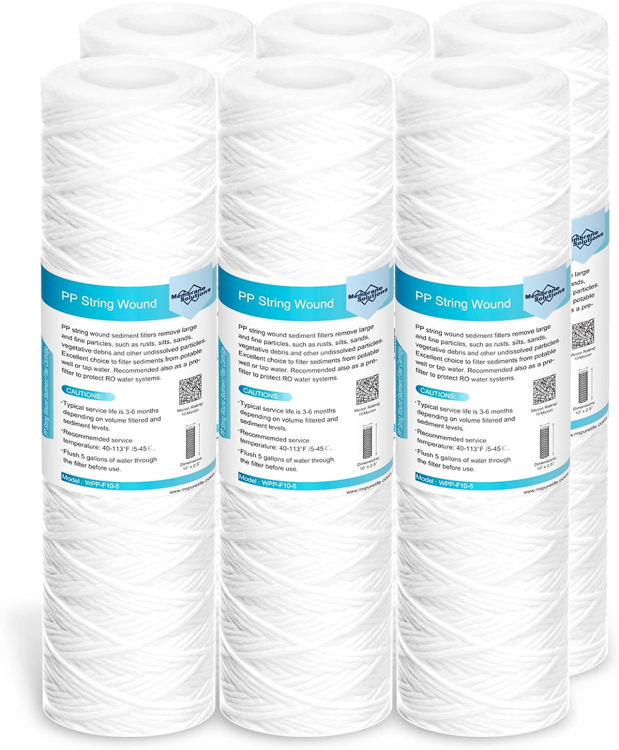 Membrane Solutions 10 Micron 10″x2.5″ String Wound Whole House Water Filter Replacement Cartridge Universal Sediment Filters for Well Water – 6 Pack