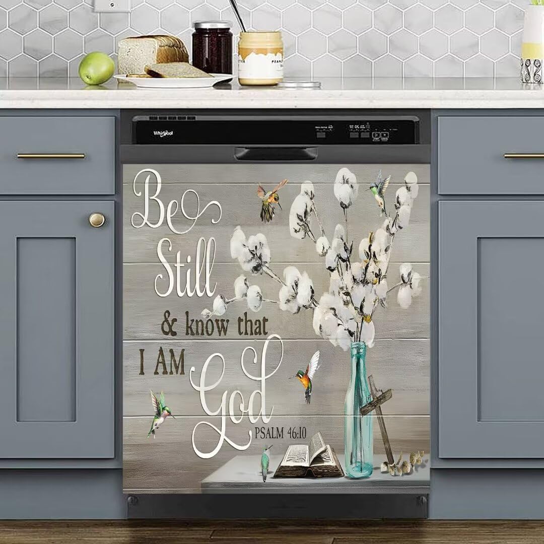 Farmhouse Kapok Dishwasher Cover,Refrigerator Door Magnetic Flower Birds Decal,Cotton Vase Floral Magnet Panel,Kitchen Decor Appliance Rustic Wood Cross Christian Quotes Sticker 23Wx26H