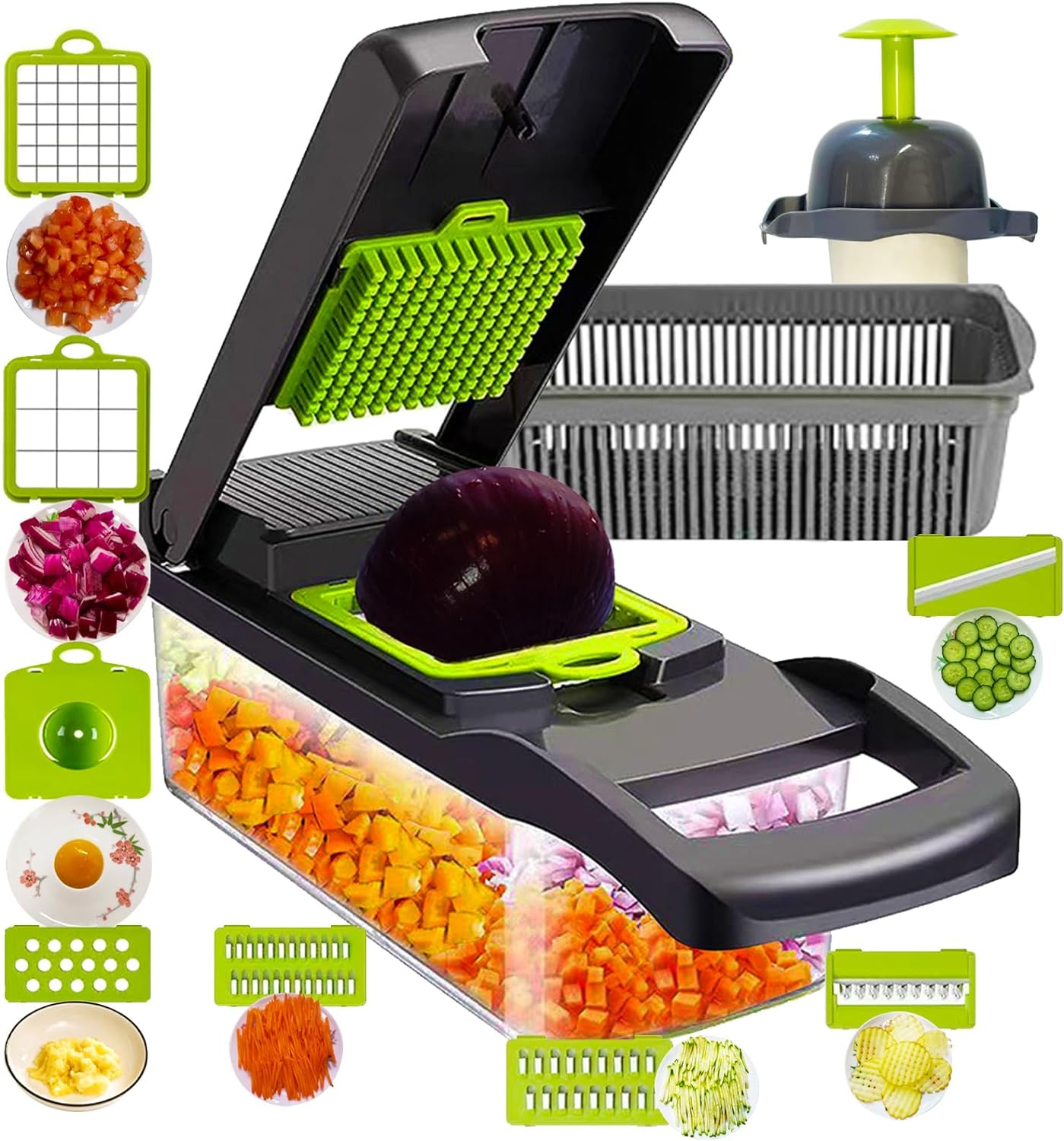 Multifunctional15-in-1 Mukor vegetable chopper With container, Pro food Vegetable Chopper and Slicer， Onion Chopper,Veggie Chopper, Vegetables Cutter, Slicer Dicer Cutter ，Easy to Clean (Gray)