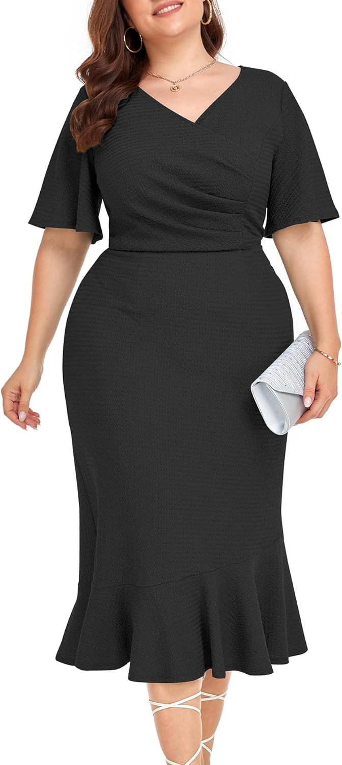 LALAGEN Plus Size Dress for Women Modest Short Sleeve Ruched Bodycon Mermaid Cocktail Midi Dresses Black 2X