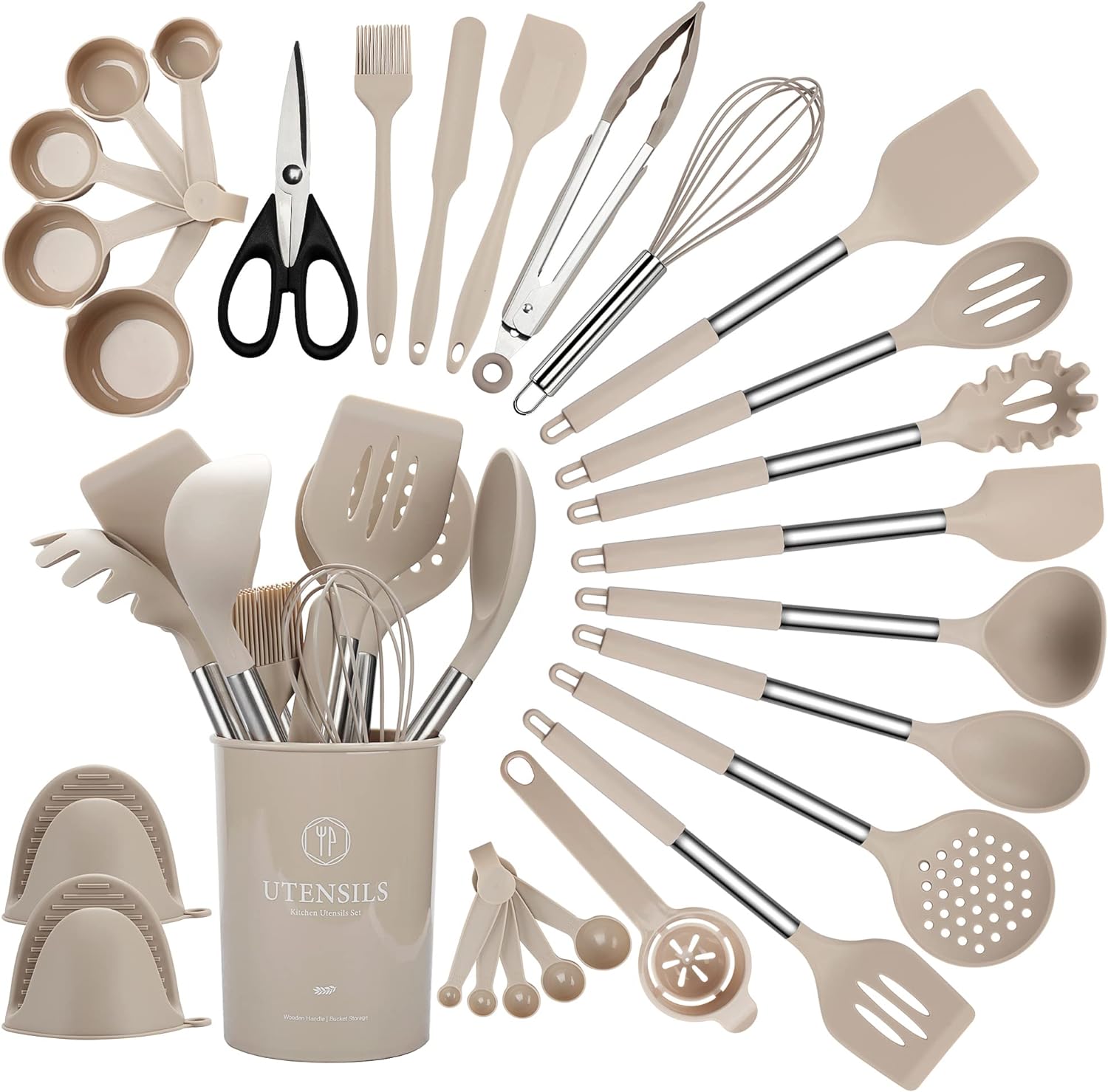 QMVESS Silicone Kitchen Utensil Set, 28 Pcs Non-Stick Cooking Utensils Set with Holder, Tongs, Spatula, Whisk, Measuring Cups and Spoons Set with Stainless Steel Handle Kitchen Gadgets (Khaki)