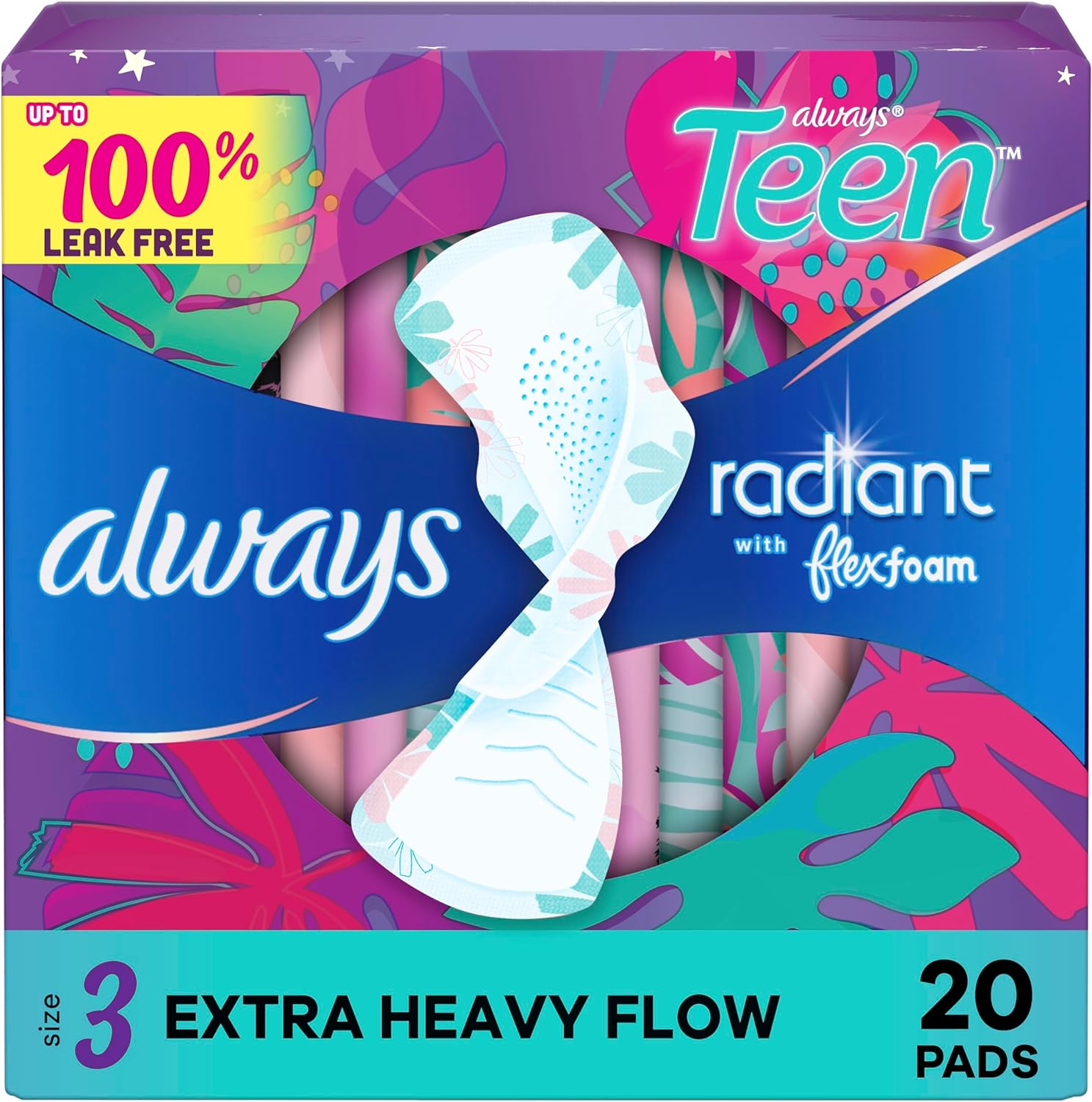 Always Radiant Teen Pads, Size 3, Extra Heavy, with Wings, Unscented, 20 CT