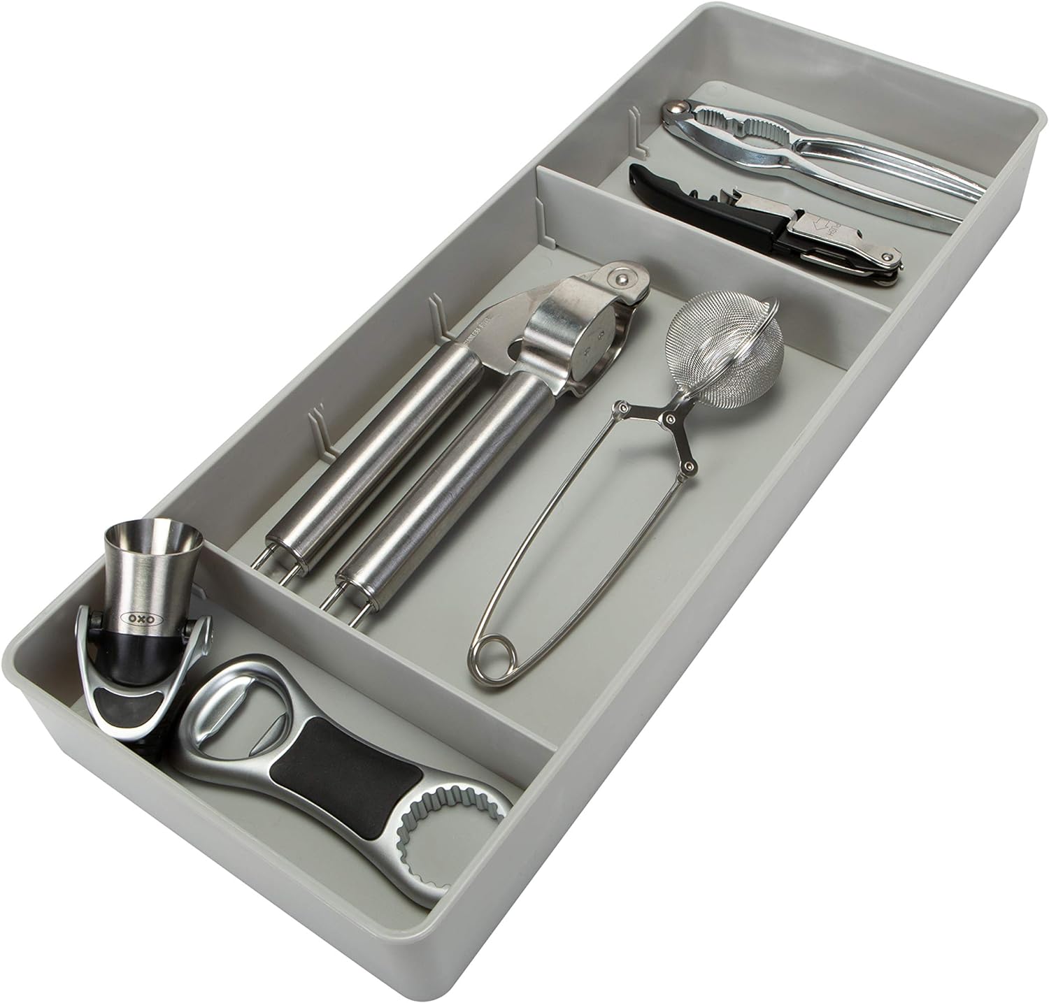 Kitchen Details 3 Compartment Adjustable Drawer Organizer | Utensil & Gadget Holder Tray | Cabinet & Storage Organization | Office Desk | Bathroom Accessories | Grey