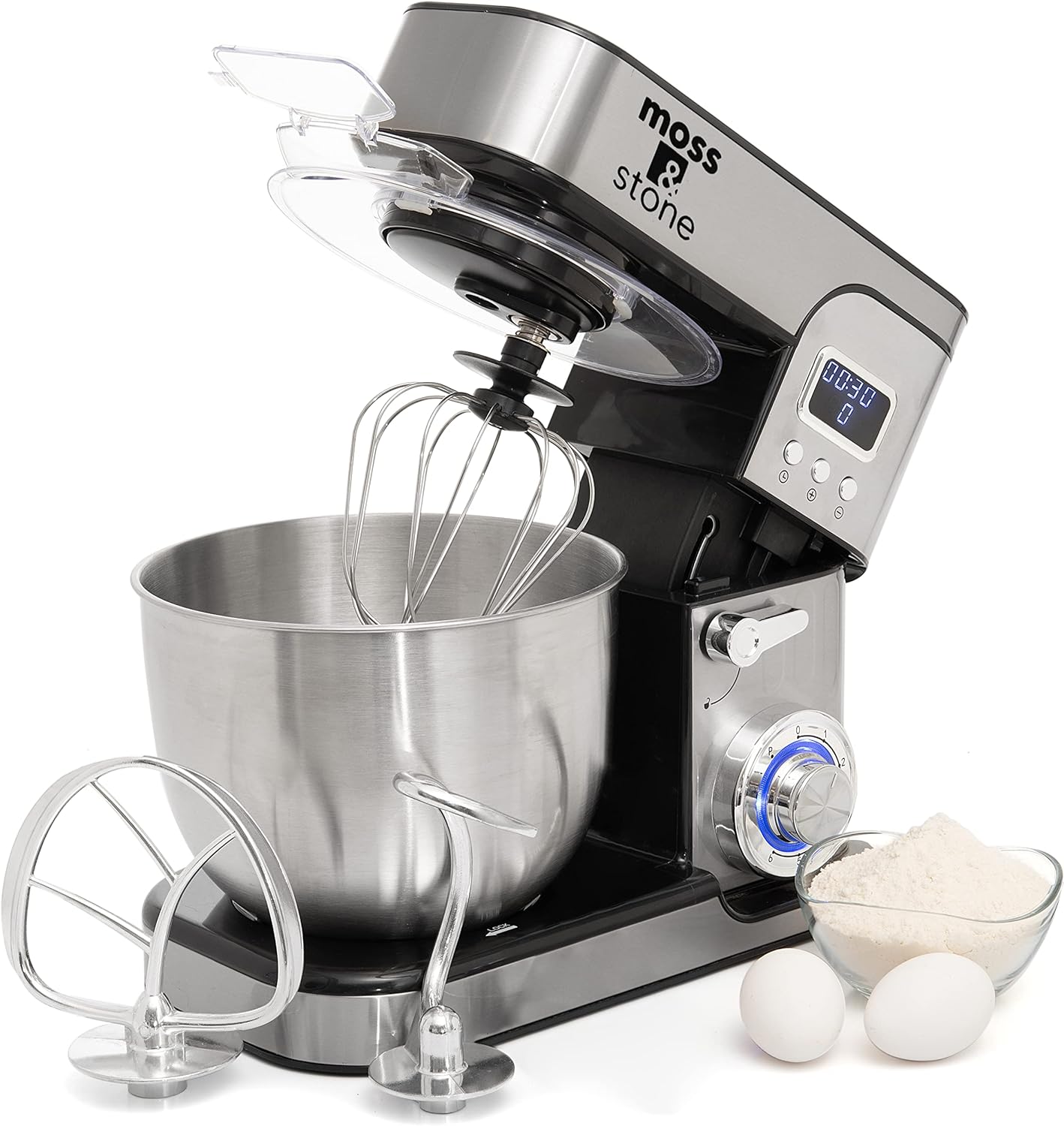 Moss & Stone Stand Mixer With Lcd Display, 6 Speed Electric Mixer With 5.5 Quart Stainless Steel Mixing Bowl, Kitchen Mixer With Dough Hook, Egg Whisk, Beater & Baking Spatula, Food Mixer With Timer