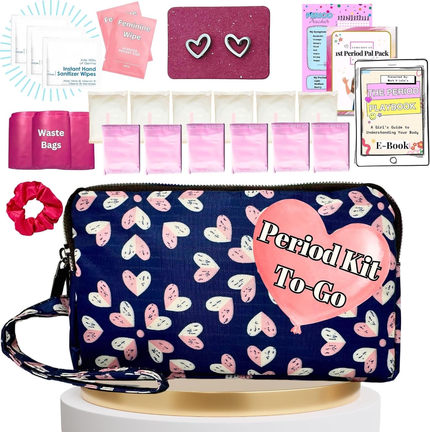 First Period Pal Pack to-Go Kit | 26 pcs | First Period Kit for Girls 9-12 | Period Bags for Teen Girls for School | Discrete Period Bag, Pads, Panty Liners, Period Kits for Girls 10-12 – Hearts