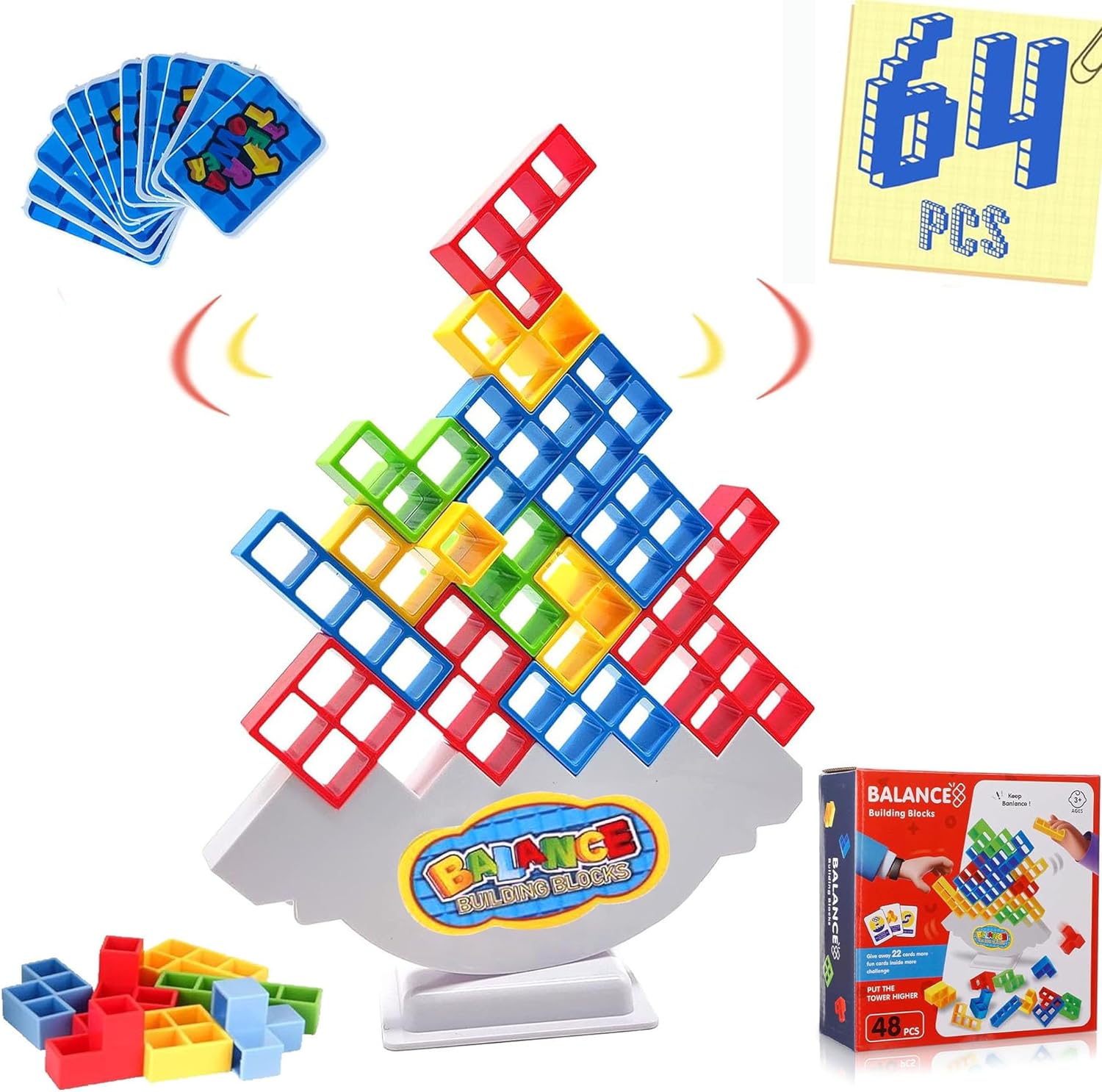 64 Pcs Tetra Tower Stacking Game, Balance Stacking Team Building Blocks Board Game for Kids & Adult, 2+ Players Family Games for Parties, Travel