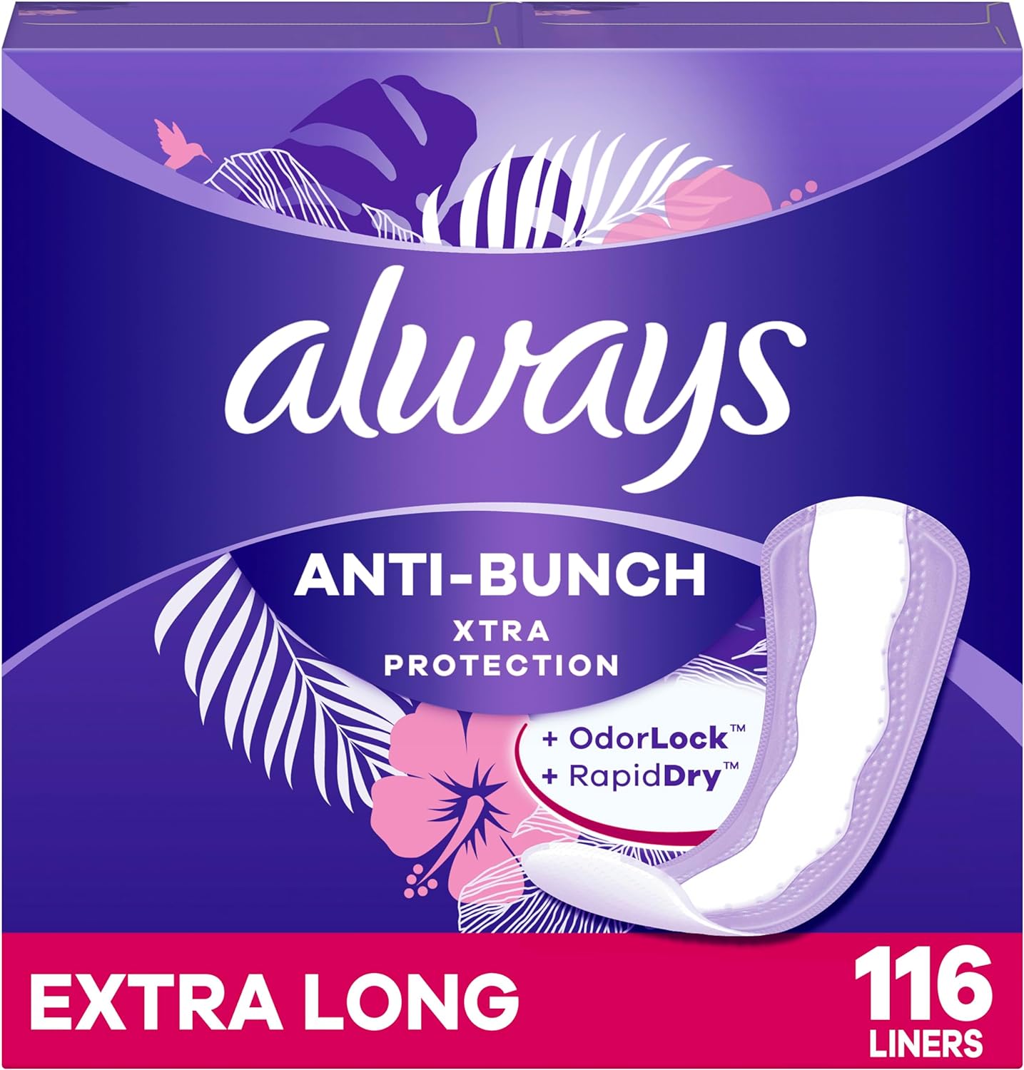 Always Anti-Bunch Xtra Protection Daily Liners, Extra Long Length, Unscented, 116 Count x 2 (232 Count Total)