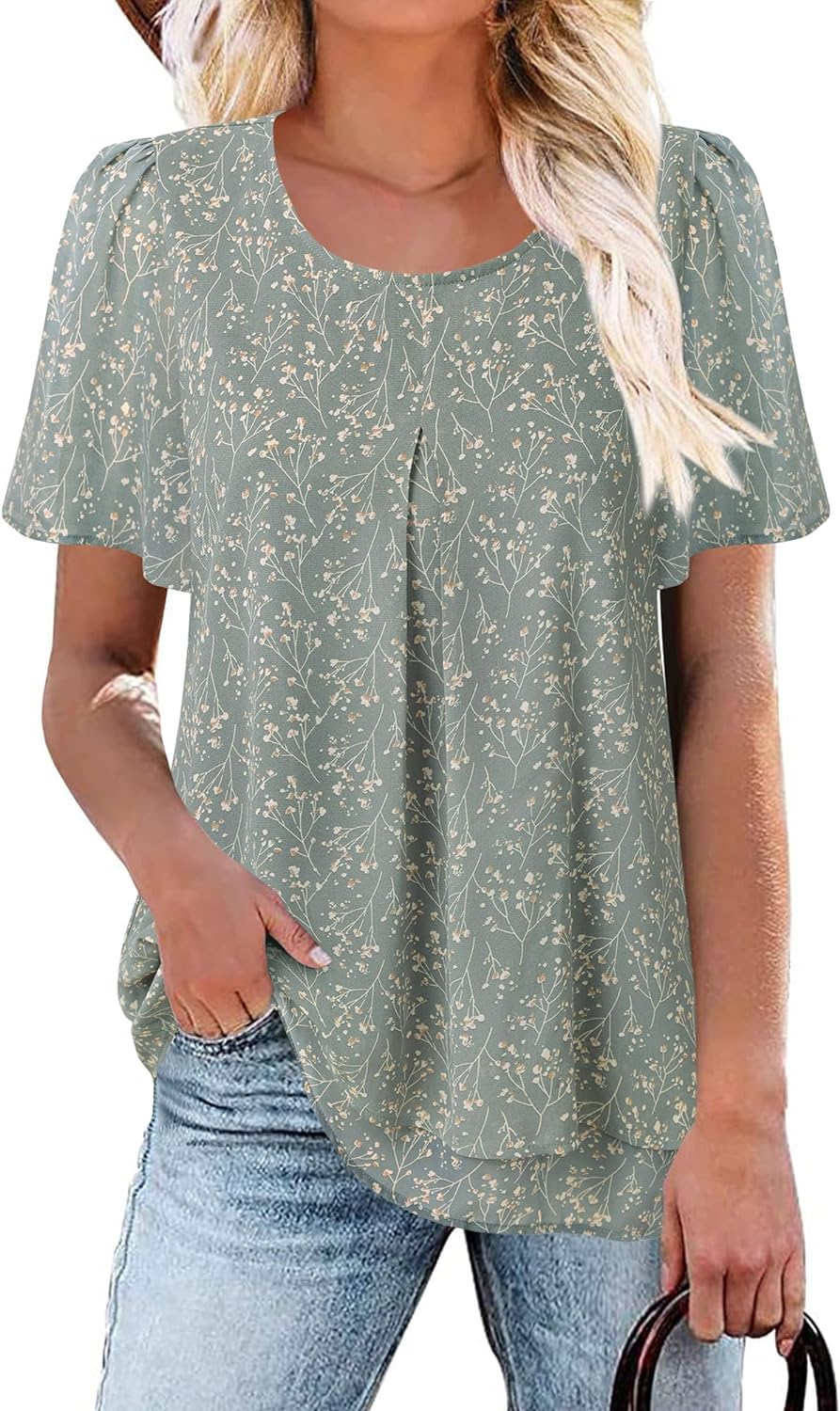 Gaharu Women’s Ruffle Short Sleeve Blouses Double-Layered Shirt Work Tunic Tops