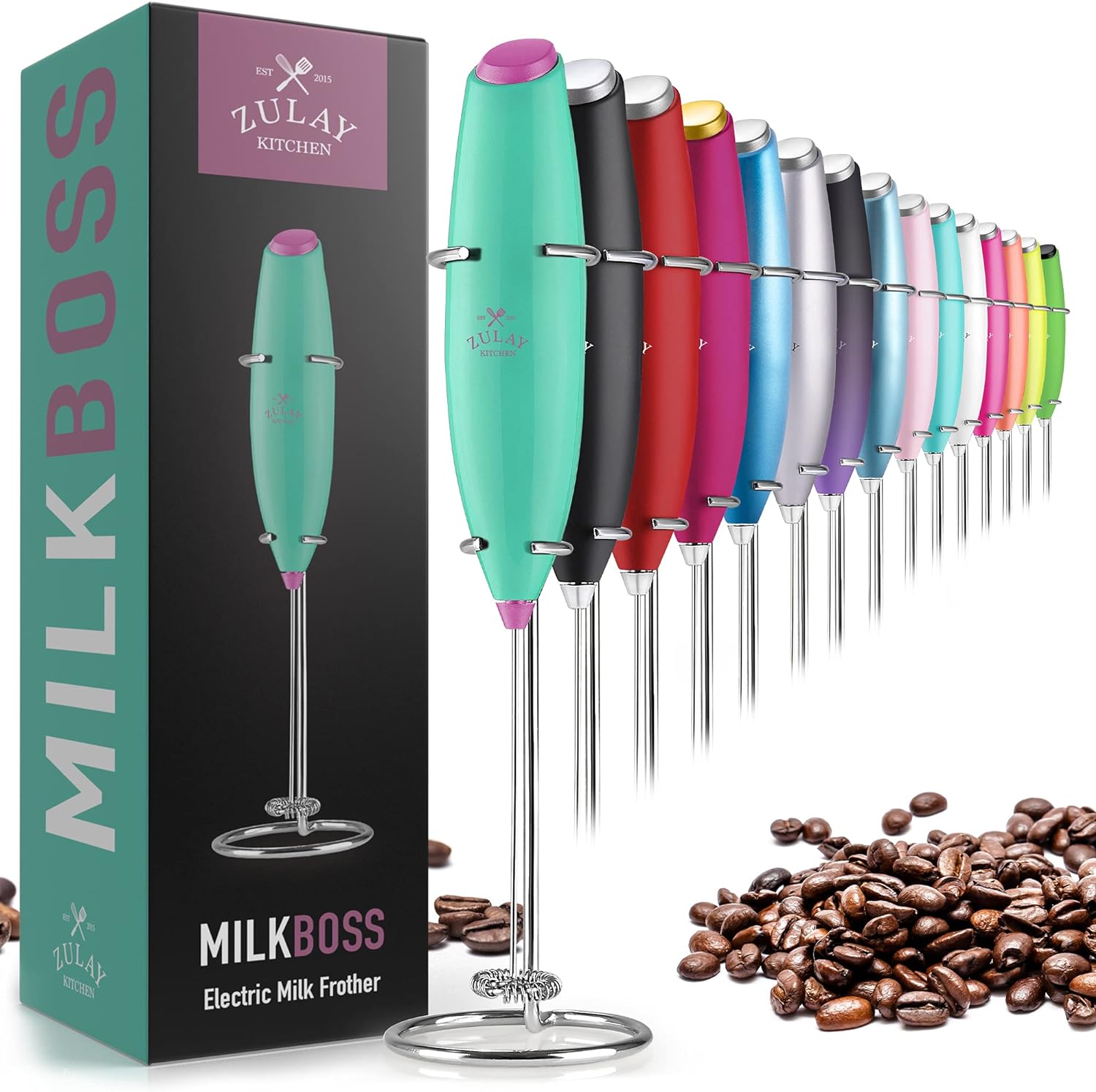 Zulay Powerful Milk Frother Handheld Foam Maker for Lattes – Whisk Drink Mixer for Coffee, Mini Foamer for Cappuccino, Frappe, Matcha, Hot Chocolate by Milk Boss (Teal/Lavender)