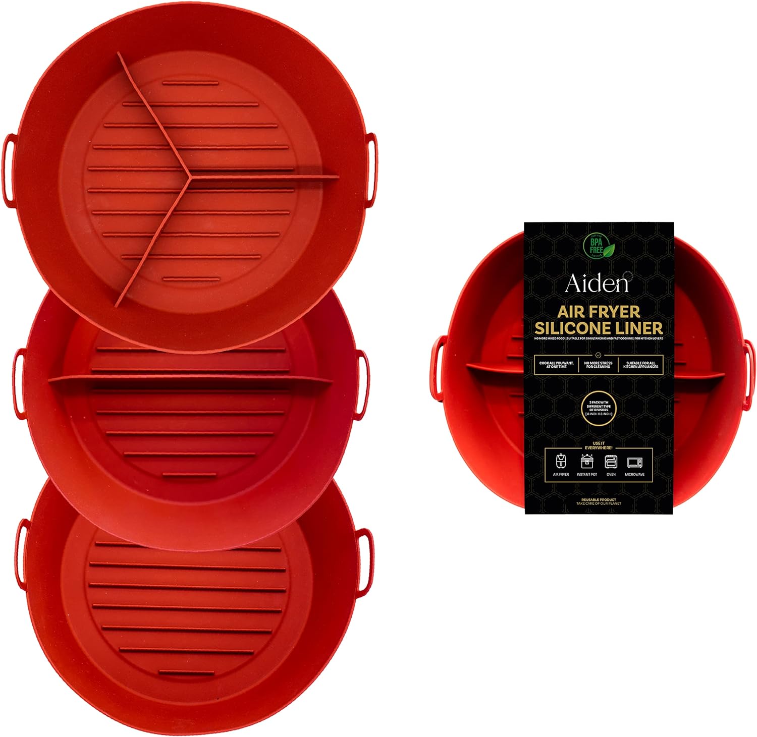 AIDEN – 3 pack Air Fryer Silicone Liners with Food Dividers I Reusable Oven & Kitchen accessories (8 inch) Safe Liner Heat Resistant BPA FREE I Deep Fryer Parts Non Stick Easy Cleaning & Dishwashable