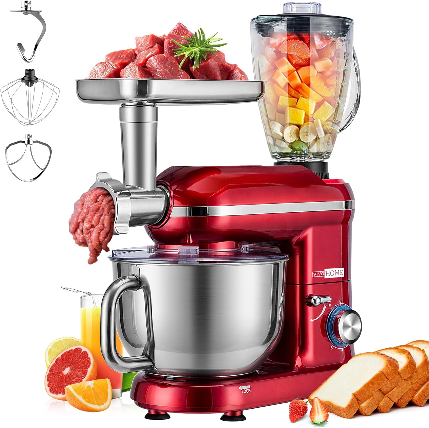 VIVOHOME 3 in 1 Multifunctional Stand Mixer with 6 Quart Stainless Steel Bowl, 650W 6 Speed Tilt-Head Meat Grinder, Juice Blender, Red