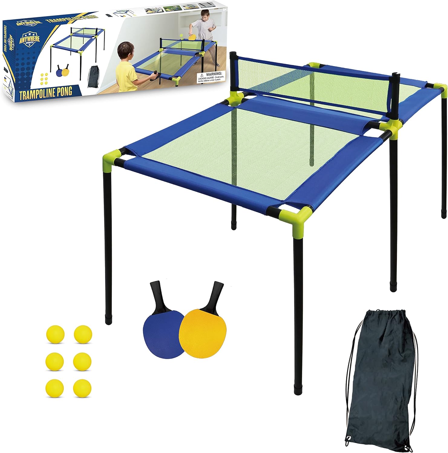 Anywhere Sports – Portable Trampoline Ping Pong Table Tennis Game for Indoor or Outdoor Use, Includes Two Paddles, Six Balls, Storage Bag, and Complete Table for Kids