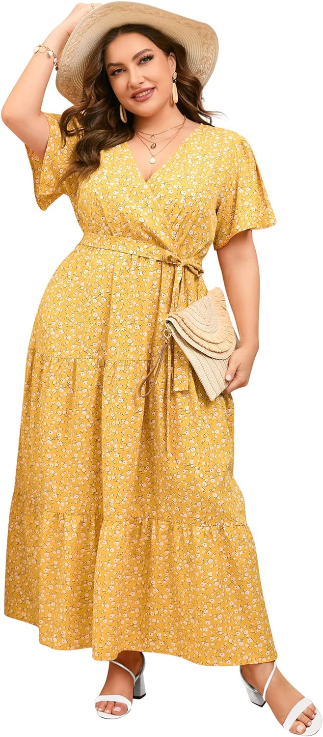 ShopWonder Womens Plus Size V Neck Wrap Maxi Dress High Waist Ruffle Summer Casual Dress with Belt