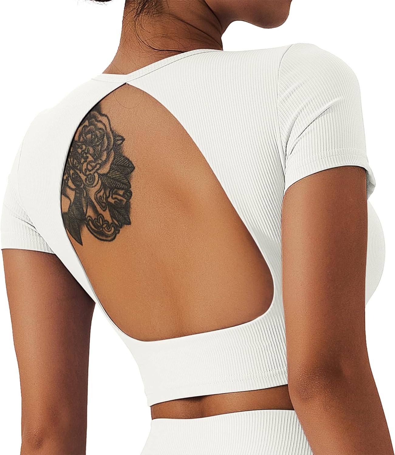 Loovoo Womens Crop Tops Open Back Workout Cropped Tops Ribbed Seamless Sexy Backless Gym Athletic T Shirts Built in Bra