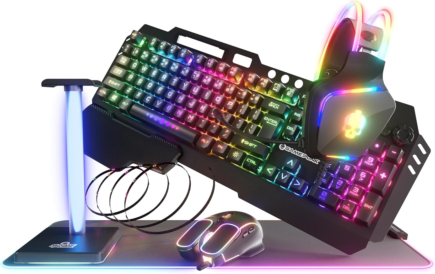 Game Punk Codebreakers PC Gaming Bundle – Includes Keyboard, Mouse, Headset, LED XL Mouse Pad, Stand, RGB Light Strip – 6-in-1 PC Gaming Accessory Bundle