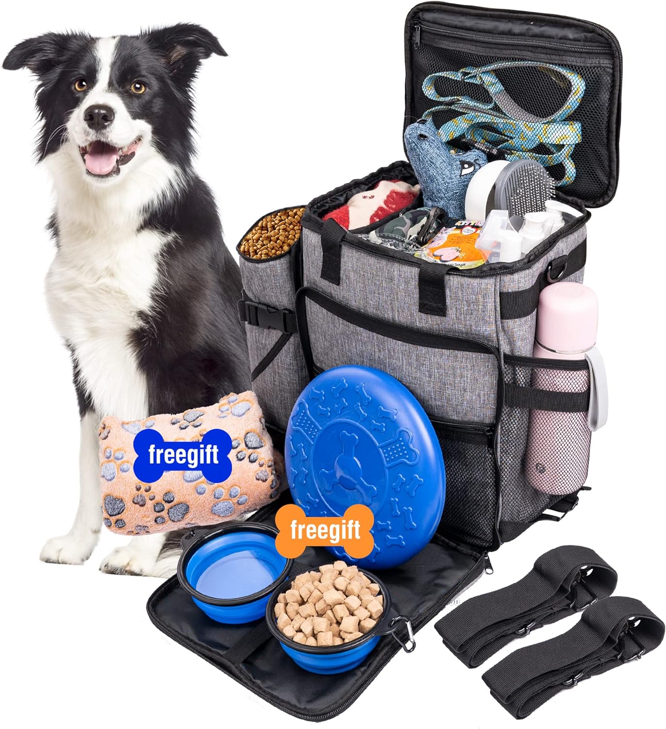 MOEPIE Dog Travel Bag, 6 Sets Airline Approved Dog Travel Backpack for Supplies Pet Bags for Travel – Dog Camping Gear Diaper Bag with 2 Bowls, 1 Blanket,1 Food Container, 1 Flying Discs, Grey