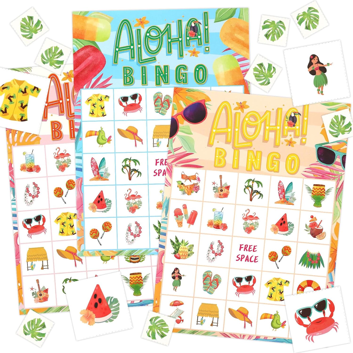 JULMELON Hawaiian Bingo Game, 32 Players Hawaiian Bingo Cards for Kids Tropical Summer Party Games for School Classroom Party Supplies Activity Summer Kids Party Favors