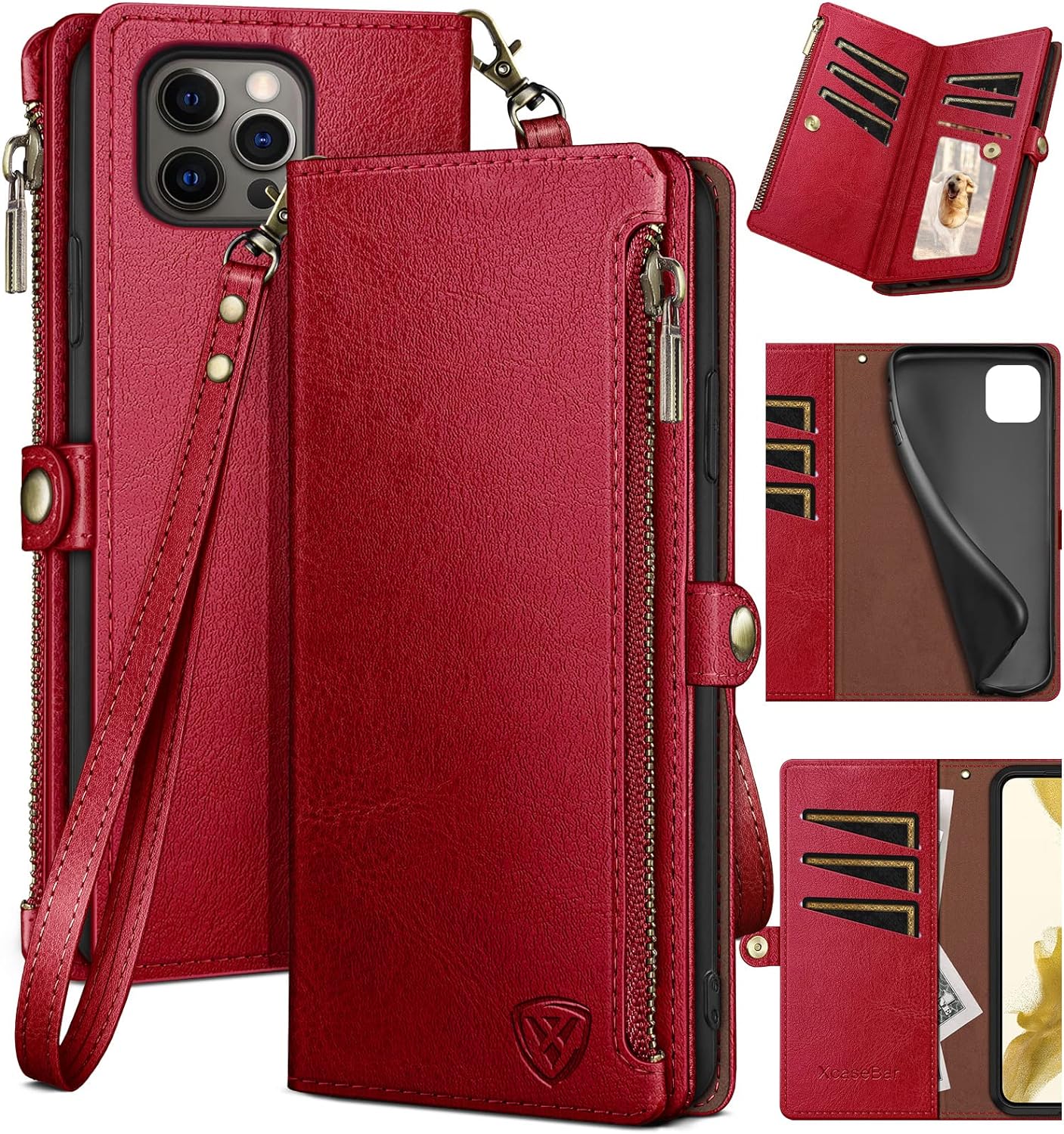 XcaseBar for iPhone 14 Pro Max 6.7″ Wallet case with Zipper Credit Card Holder【RFID Blocking】, Flip Folio Book PU Leather Phone case Shockproof Cover Women Men for Apple 14 Pro Max case Red