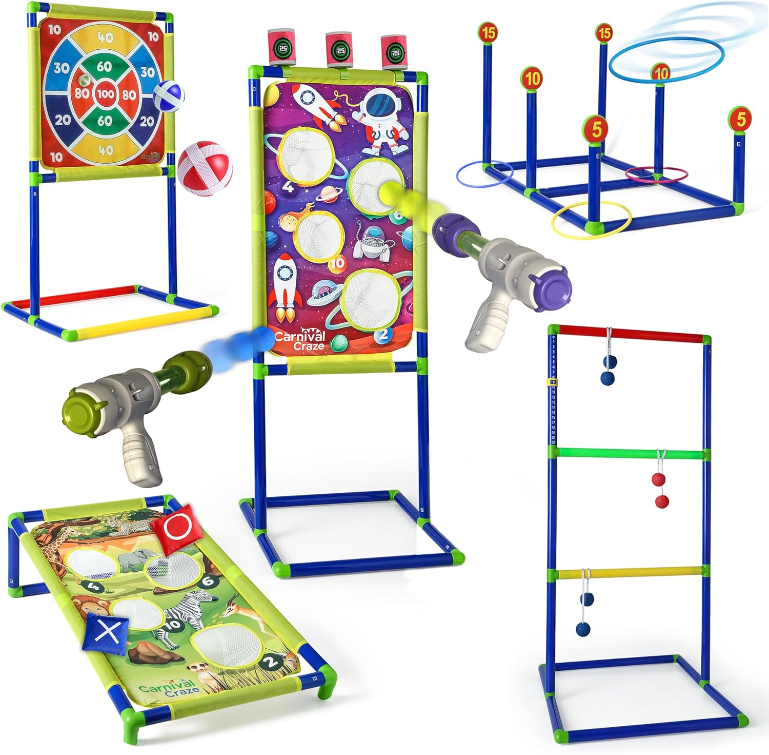 Carnival Games for Kids – Yard Games Include: Ring Toss, Beanbag, Ball Shooting Target Game, Ladder Toss, Darts Board, Tic Tac Toe, Birthday Party Activities, Portable Backyard Outdoor Games for Kids