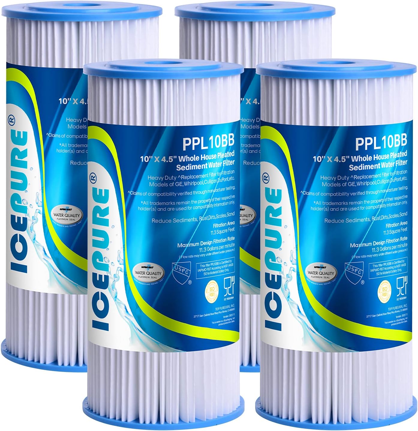 10″ x 4.5″ Whole House Pleated Sediment Water Filter Replacement for GE FXHSC, Culligan R50-BBSA, Pentek R50-BB, DuPont WFHDC3001, W50PEHD, GXWH40L, GXWH35F, for Well Water, Pack of 4