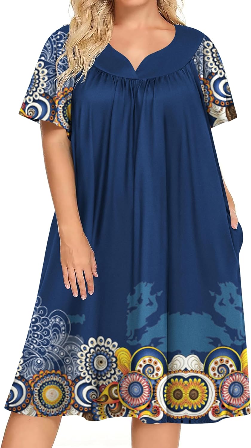 Ekouaer Plus Women’s Plus Size Mumu Dress Short Sleeve House Dress Momo Sleepdress with Pockets