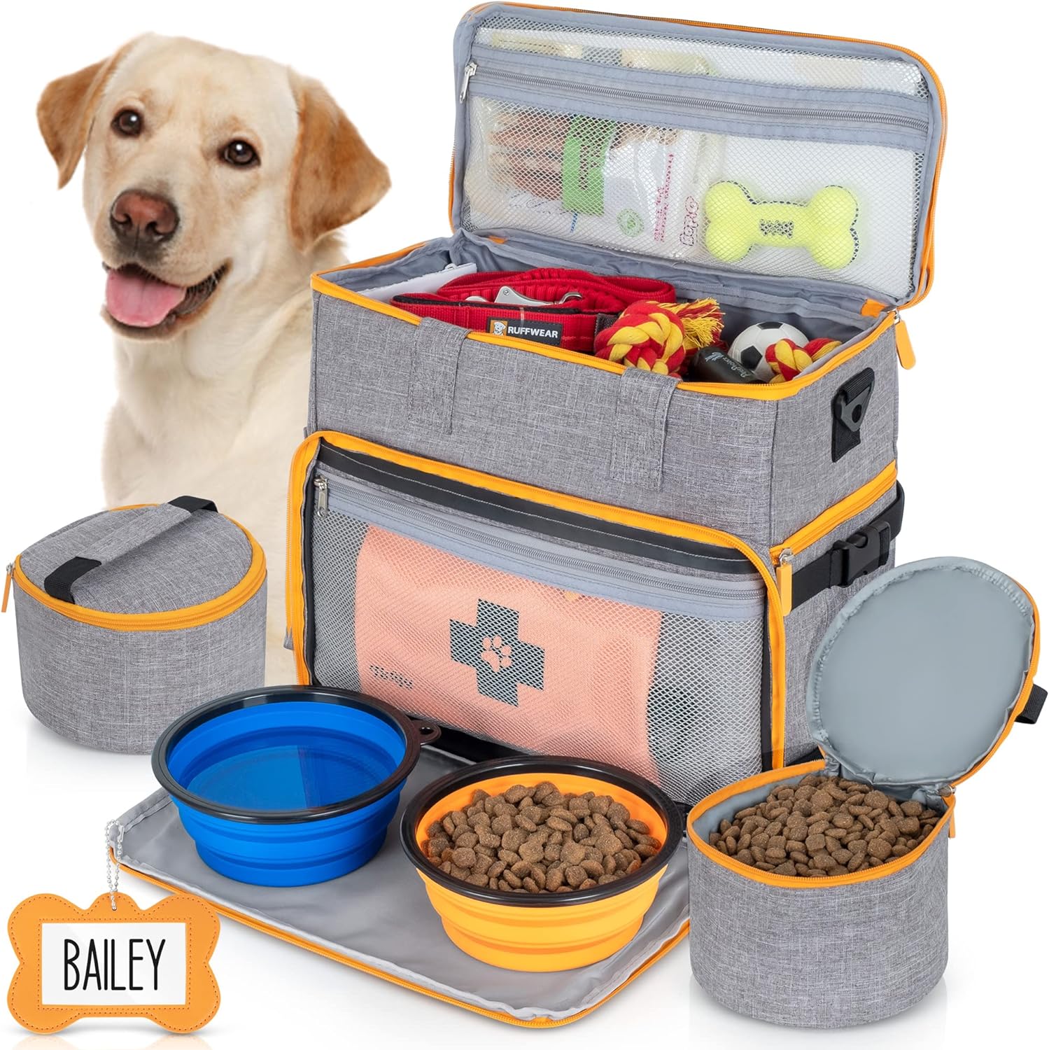 Dog Travel Bag Airline Approved Travel Set for Dog and Cat Tote Organizer with Multi Function Pockets, 2 Food Containers and Collapsible Bowls, Weekend Away Dog Bag for Travel Accessories – Gray